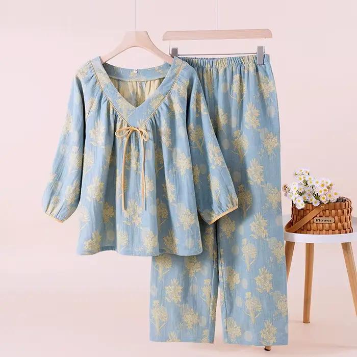 Ensemble pyjama de Style National pour femmes, en pur coton, Double couche de gaze, manches à neuf p