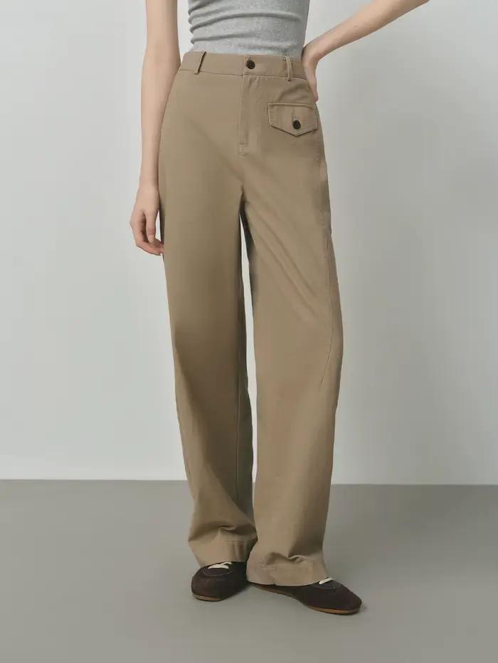 FSLE 2025 Pantalon kaki pour femme - Pantalon en coton à jambe droite Coupe décontractée d'automne S