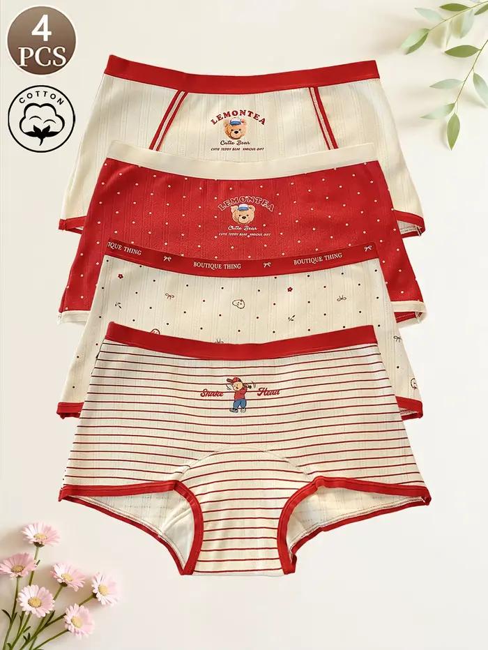 4 pièces culottes pour femmes-impression d'ours mignon et de rayures de lettres, pur coton, slips bo
