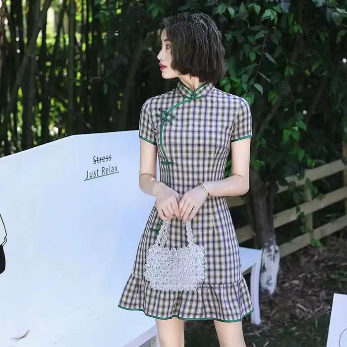 Qipao – robe à carreaux en coton pour femmes, motifs Vintage à rayures, tenue de soirée élégante, ét