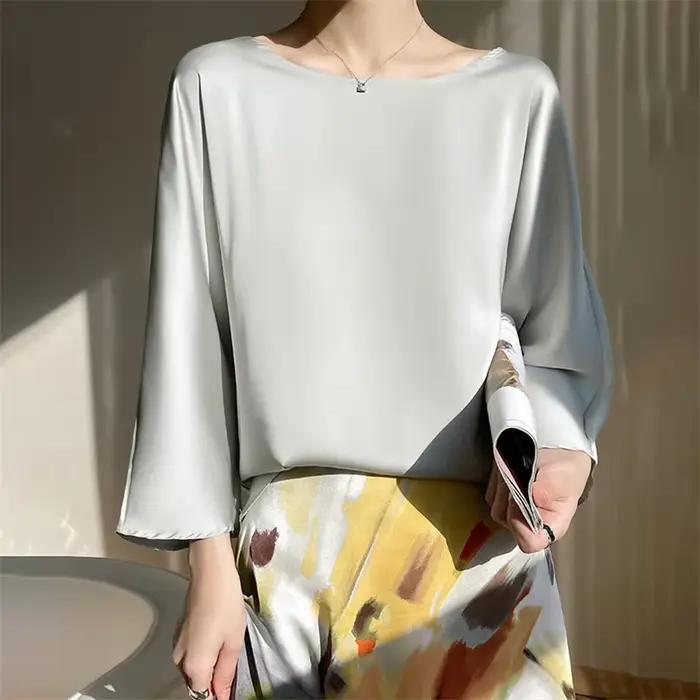 Mode femme élégant Satin Blouse 2026 printemps automne neuf quarts manches hauts amples grande taill