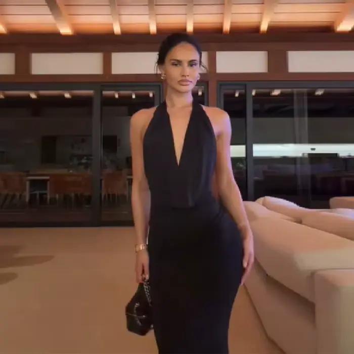 Robe Sexy à Col Halter Plongeant et Drapé, Dos Nu, Sans Manches, Coupe Ajustée, Robe de Soirée Pliss