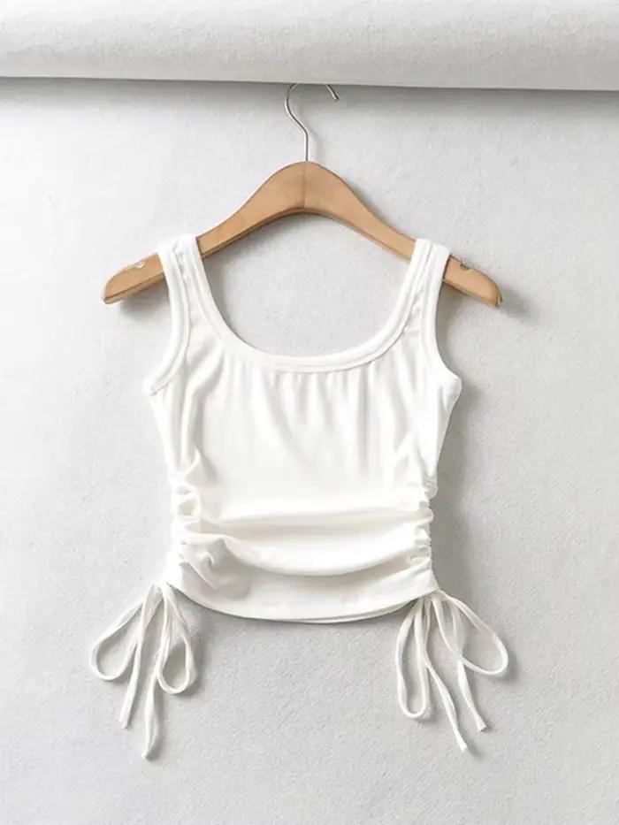 Nouveauté filles décontracté couleur unie deux côtés cordon gilet plis froncé Sexy débardeur et Cami