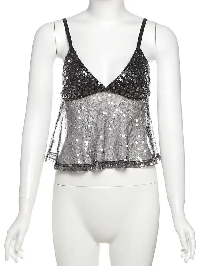 Sexy dos nu tendance d'été rue minuit polyvalent Hottie classique Tops Étrange Puss paillettes Patch