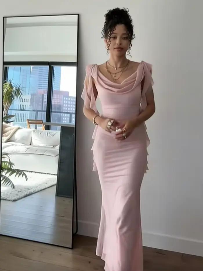 Robe de soirée élégante pour femme, style célébrité, à volants superposés, épaules dénudées, fluide,