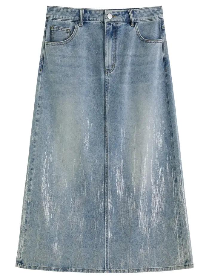 DUSHU taille incluse femmes mode argent pressé jupe en jean pour l'été 2025 taille haute minceur mi 