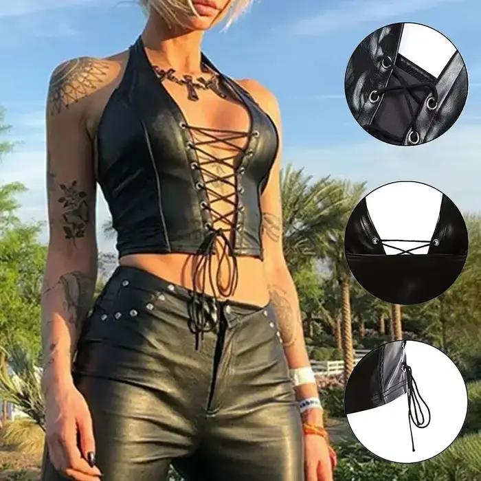 Débardeur Sexy en cuir PU noir uni pour femmes, Y2k gothique à lacets, décolleté en V profond, vêtem