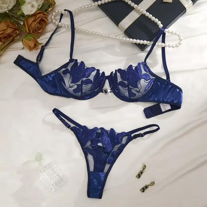 Ensemble de lingerie brodée Lys Bleu Style Luxe - Soutien-gorge en résille transparente - Lingerie f
