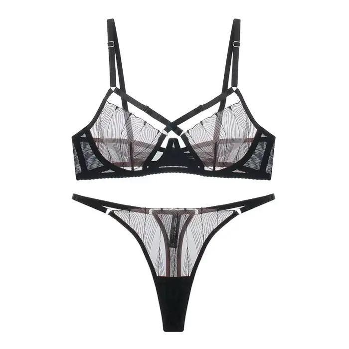 Ensemble de Lingerie Sexy de Style français, cravate croisée en dentelle, Anti-affaissement, respirant, confortable, sous-vêtements à la mode, tenues érotiques Ultra-fines