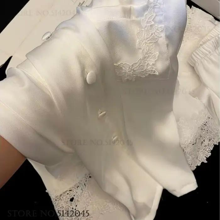 Ensemble de pyjamas de luxe pour femmes, vêtements de nuit élégants en satin de soie blanc avec dentelle, tenue décontractée ample pour la maison