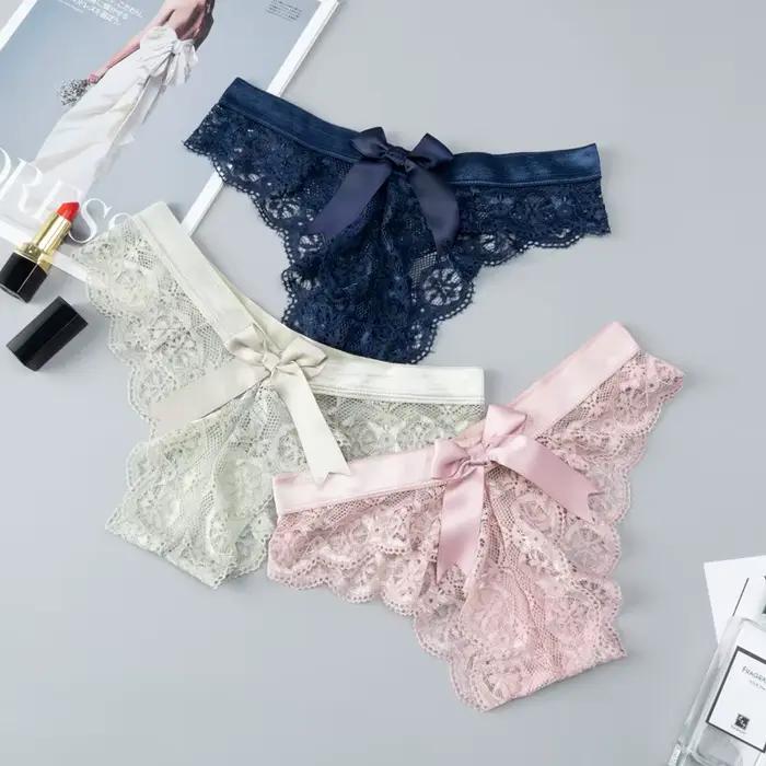 Incroyable femmes Lingerie G String sous-vêtements en dentelle femme nœud Sexy t-back String dame Transparent taille basse culotte