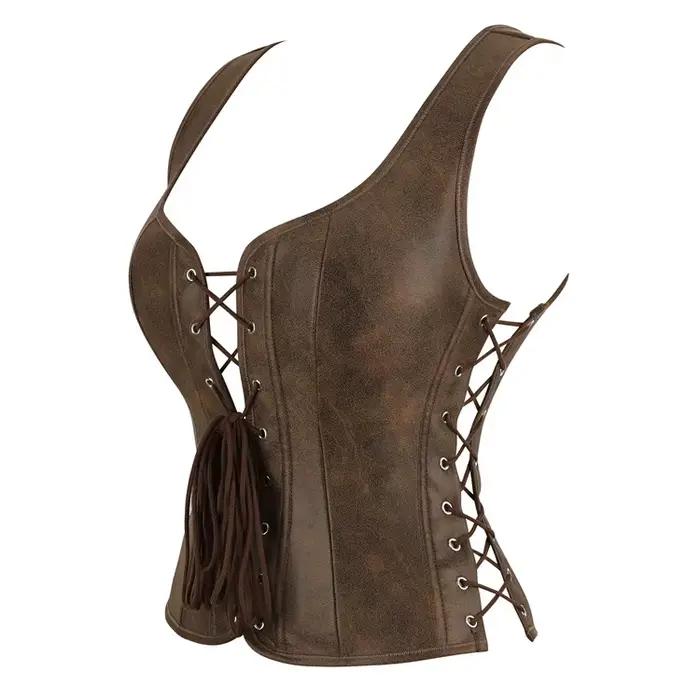 Gilet Corset Marron Style Vintage Steampunk pour Femme, Haut Médiéval Renaissance à Lacets
