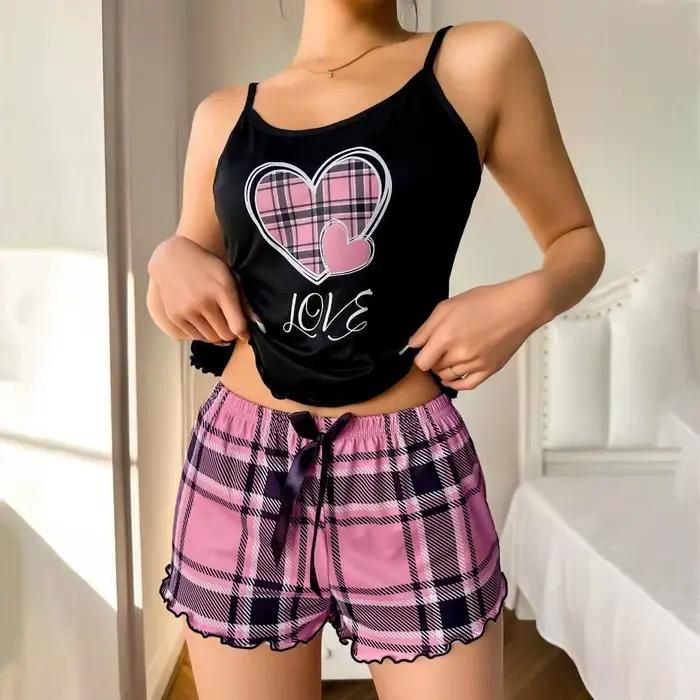 Ensemble de pyjama pour femme Fashion Love Heart, vêtements de maison, nœud papillon, deux pièces, vêtements de nuit, été, confortable, camisole et short, pyjama pour fille