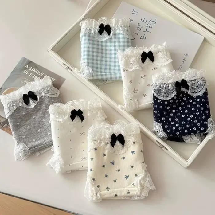 Culottes en dentelle taille moyenne pour femme, motif tulipe et nœud, sous-vêtements en coton à pois, à carreaux et floraux