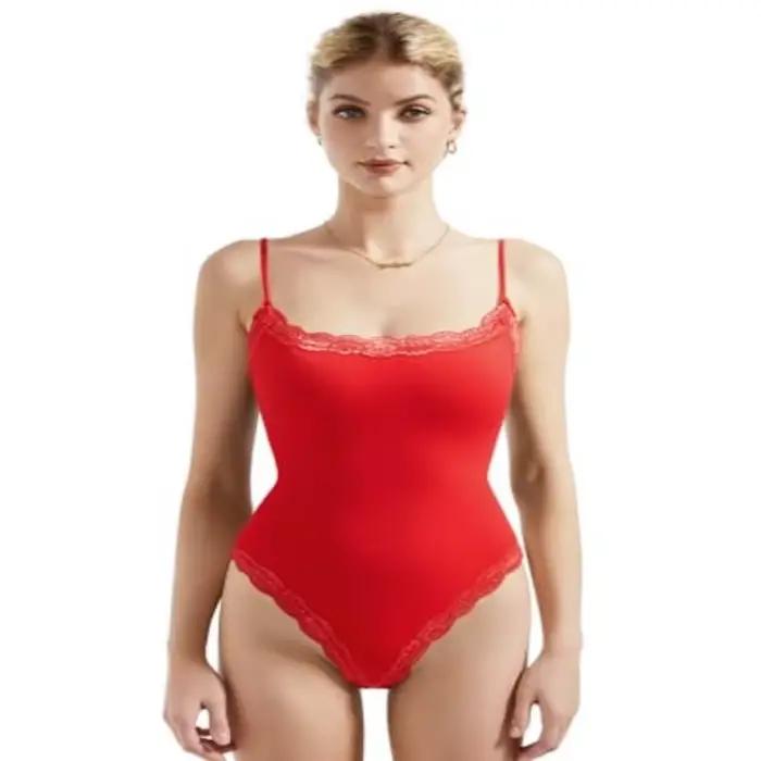 Femmes rouge justaucorps Body costumes hauts Sexy col carré string Body Cami dentelle Body débardeur rose