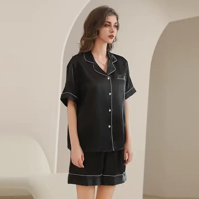 Ensemble de vêtements de nuit deux pièces pour femmes, vêtements de nuit confortables, vêtements de détente décontractés, vêtements de nuit monochromes, pyjamas, boutons Y, fjSolid