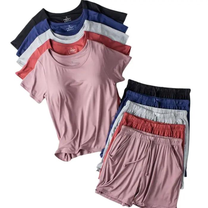 Ensemble de pyjama en coton modal pour femme, coussretours de poitrine, manches courtes, soutien-gorge grande taille, short adt, vêtements de nuit, nouveau