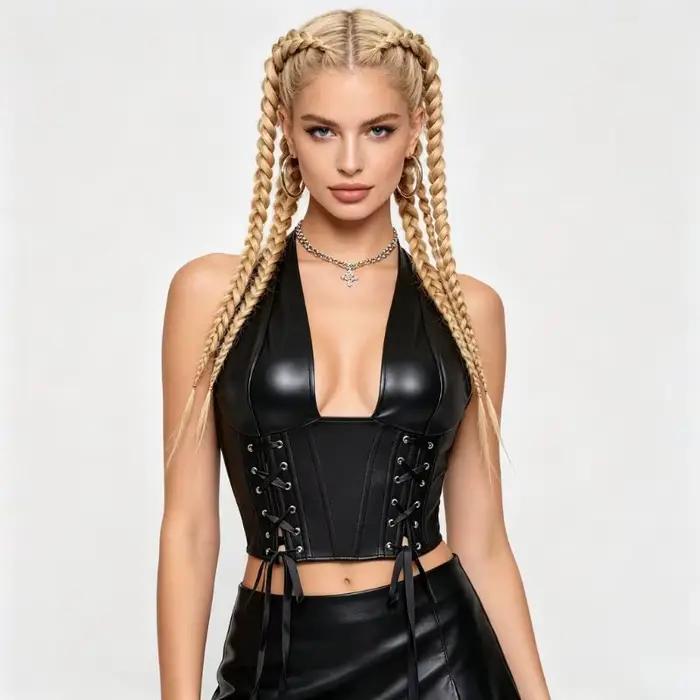 Corset en similicuir style col punk pour femme avec plusieurs bretelles et ceinture élastique à baleines pour sculpter la silhouette. Haut moulant.