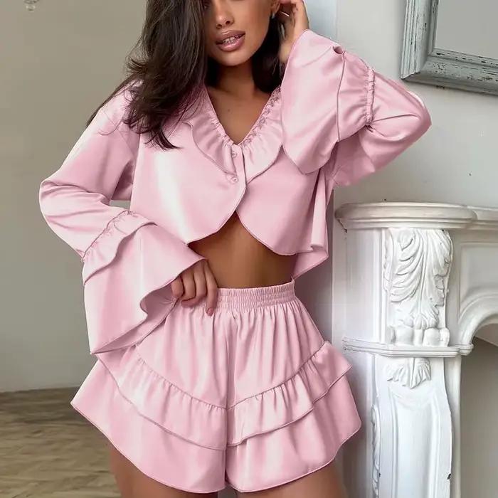 Ensemble de Nuit Décontracté pour Femme : Pyjama à Col en V, Haut Court et Short à Manches Longues pour l'Automne