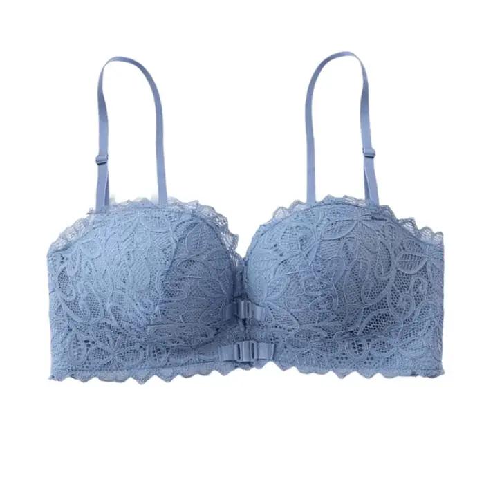 Soutien-gorge push-up sans armatures à boutons avant en V profond, anti-affaissement, en dentelle, pour femme