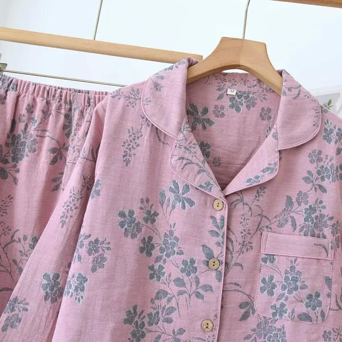 Nouvel ensemble de pyjama 2 pièces pour femme 2026, 100 % coton, pantalon à manches, teint en fil