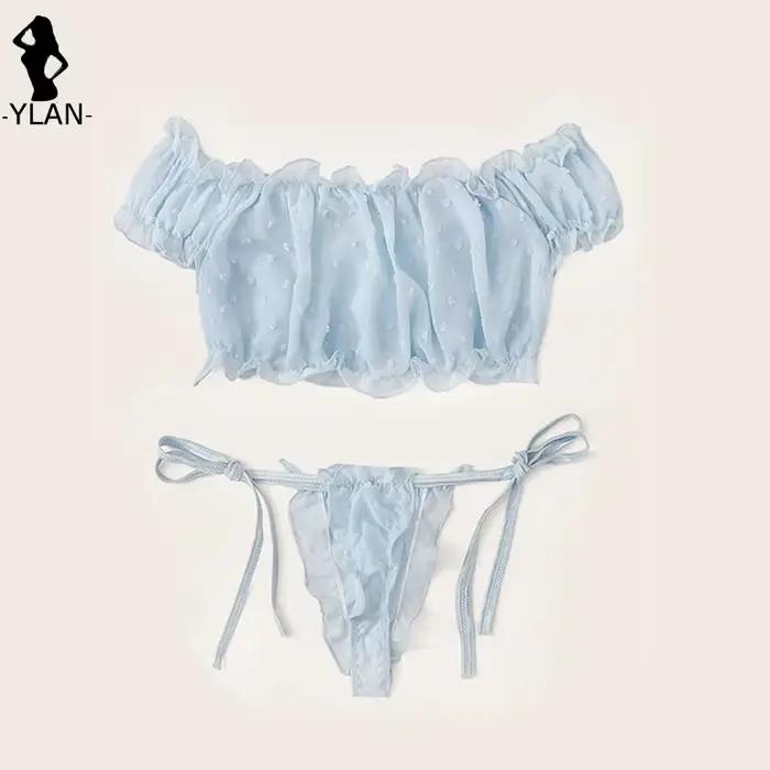 Ensemble de lingerie sexy pour femme en maille, soutien-gorge à épaules dénudées avec volants, culotte transparente à pois, string et bandeaux – Lenceria Intimates