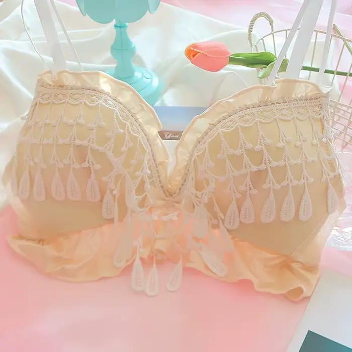 Soutien-gorge en dentelle pour adolescentes, doux et mignon, petits seins, pompon, princesse, vent, lingerie, grande taille, push up, sous-vêtements pour femmes