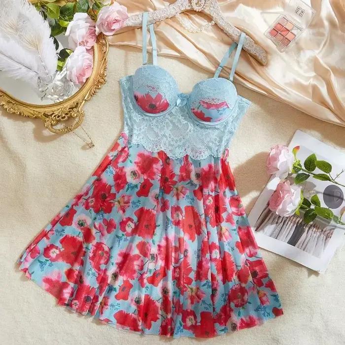 Nouvelle Robe de Nuit Sexy pour Femme, Imprimé Floral, Lingerie Romantique, Vêtements de Nuit Attrayants, Pyjama d'Été, Babydoll Intime