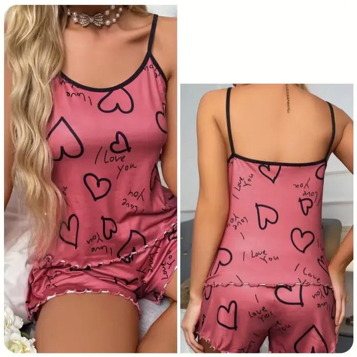 Ensemble de pyjama imprimé en forme de cœur pour femmes, pyjama sexy, ensemble de short et de débardeur en soie plissée, doux et confortable, vêtements de maison doux et mignons