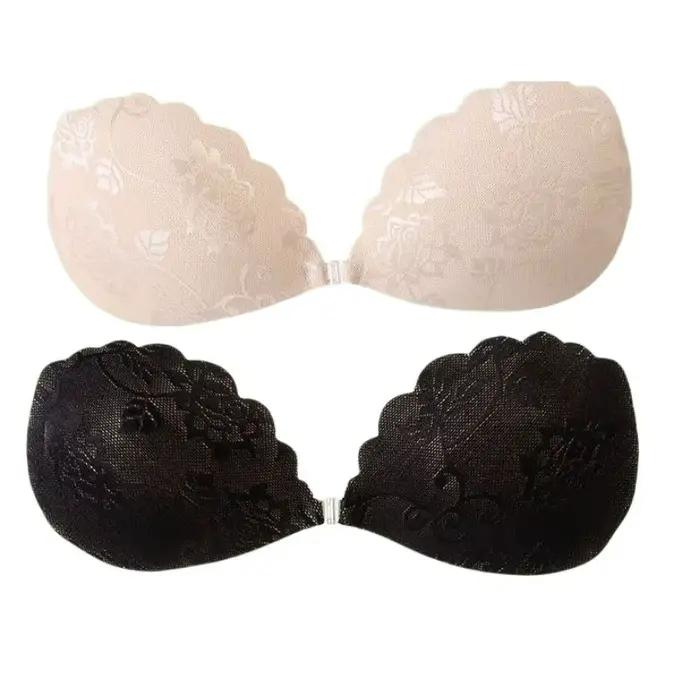 Soutien-gorge push-up en silicone en dentelle – Soutien-gorge adhésif sans bretelles ultra fin avec bretelles transparentes convertibles, bonnets nus pour robes dos nu