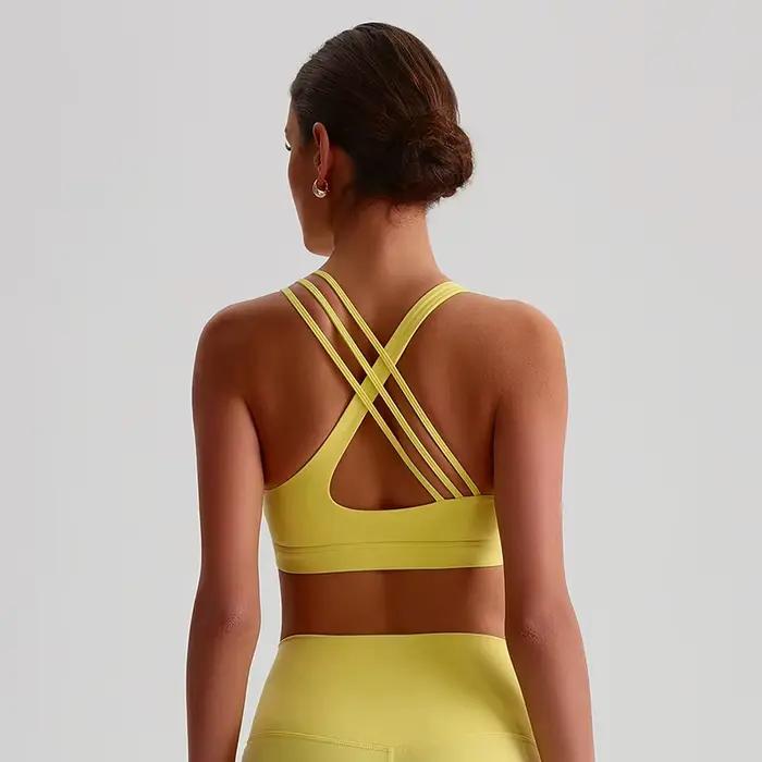 Soutien-gorge de Sport pour femmes, couleur unie, dos croisé, haute résistance, haut moulant, entraînement complet, sous-vêtements de Yoga avec coussinet de poitrine