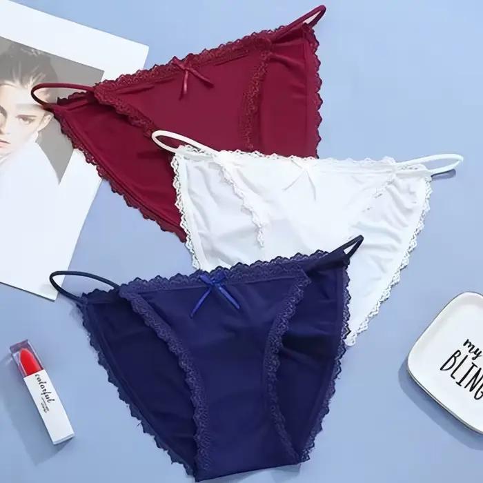 1PC Culotte brésilienne sexy pour femme en soie glacée, avec dentelle, couleur unie, sans couture, taille basse, M-XL