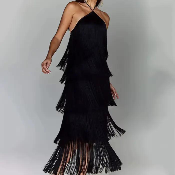 Robe de soirée Chic pour femmes, couleur métallique, Sexy, col licou, à lacets, élégante, dos nu, sans manches, superposée, Slim