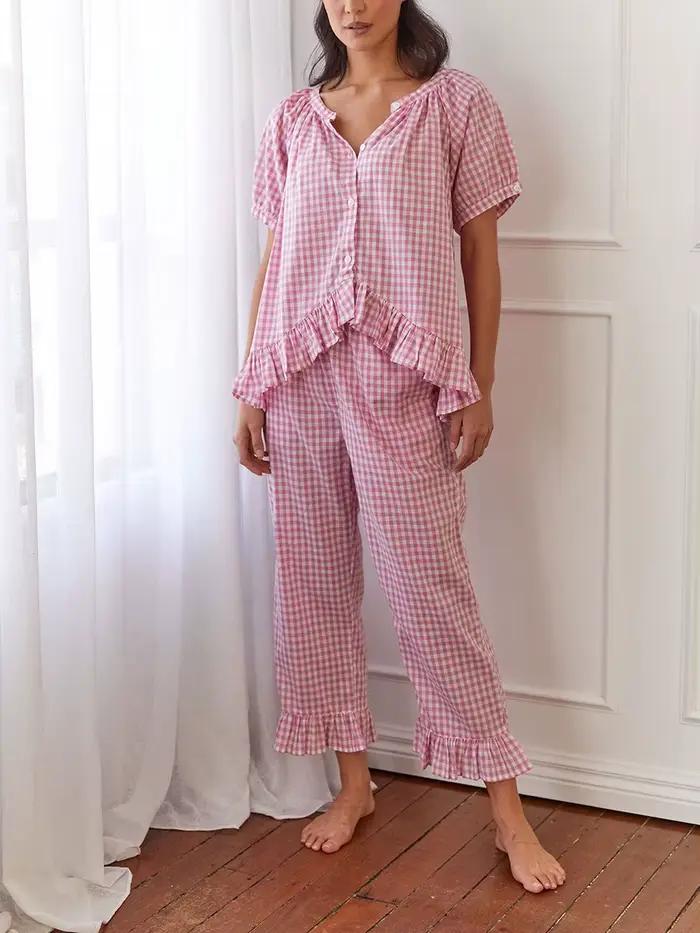 Pyjama à carreaux à manches bouffantes sur le devant pour femmes, chemise nuisette, pantalon vichy, ensemble de salon PJ, vêtements de nuit, Y2K, 2 pièces