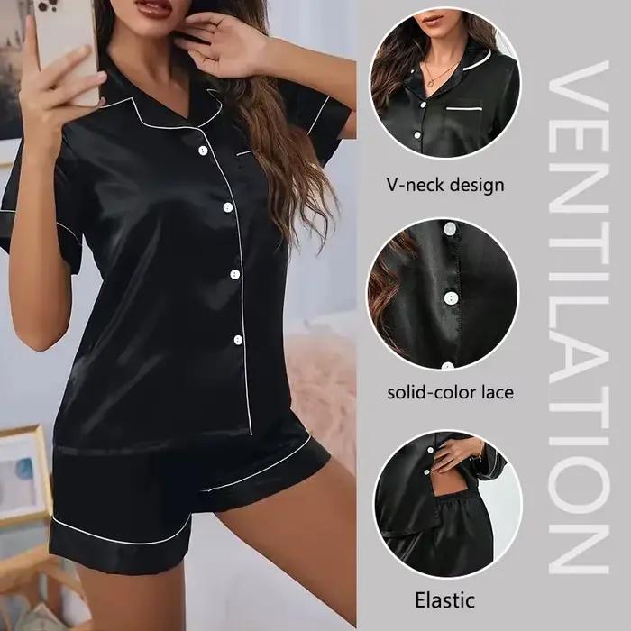 Ensemble de vêtements de nuit deux pièces pour femmes, vêtements de nuit confortables, vêtements de détente décontractés, vêtements de nuit monochromes, pyjamas, boutons Y, fjSolid