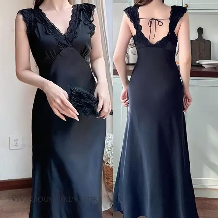 Nouvelle Robe de Nuit Longue pour Femme Printemps, Lingerie Sexy en Dentelle à Col en V Profond, Vêtement d'Intérieur Ample en Soie Satinée