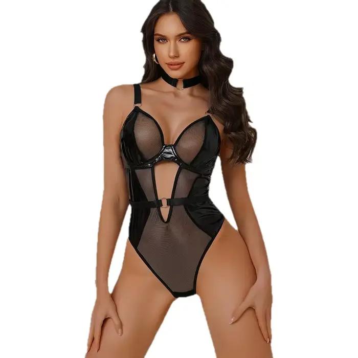 Body sexy en dentelle moulant en polyester respirant, lingerie sculptante fine, modèle séduisant en cuir peint, transfrontalier