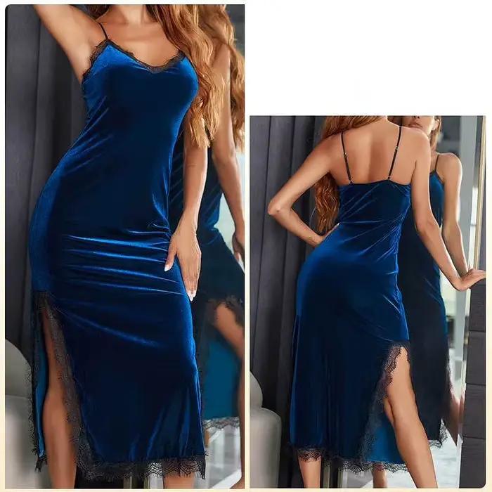 Chemise de nuit pour femme endormie mince vêtements de nuit sexy chemise de nuit printemps été or velours dentelle chemise de nuit femmes longue robe de maison