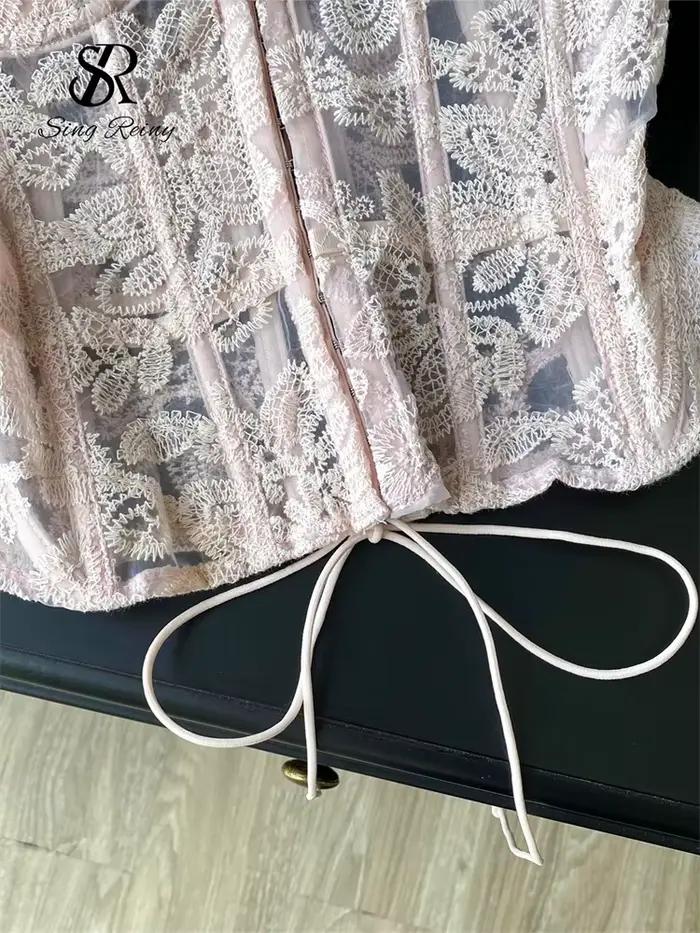 SINGREINY broderie florale Sexy haut de Club femme sans bretelles mince Corset dos nu débardeur français à lacets bases pure Camisole