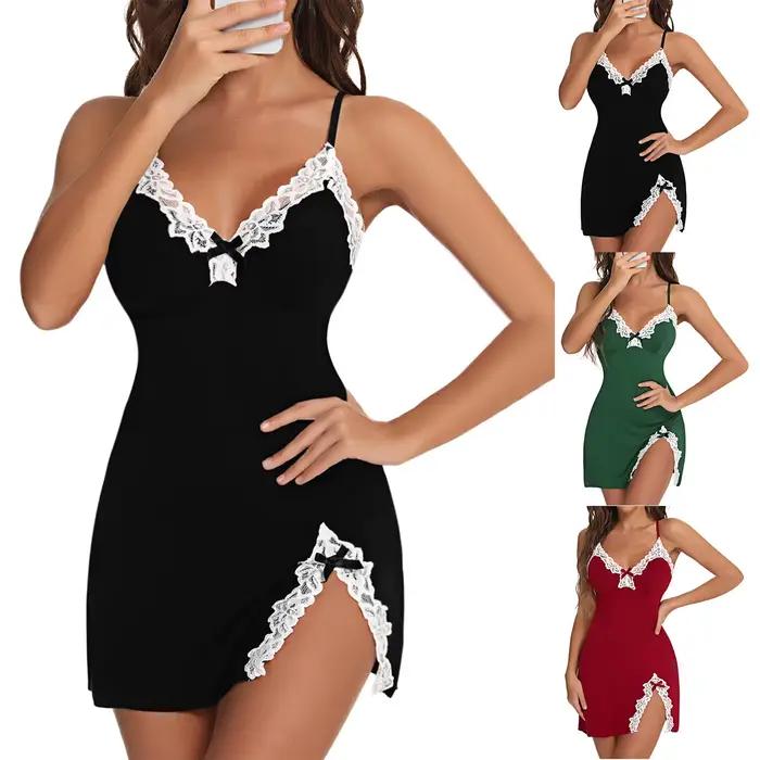 Vêtements de nuit sexy femmes dentelle soie Satin col en v chemise de nuit ourlet fendu doux Lingerie robe de nuit sans manches vêtements de nuit vêtements féminins