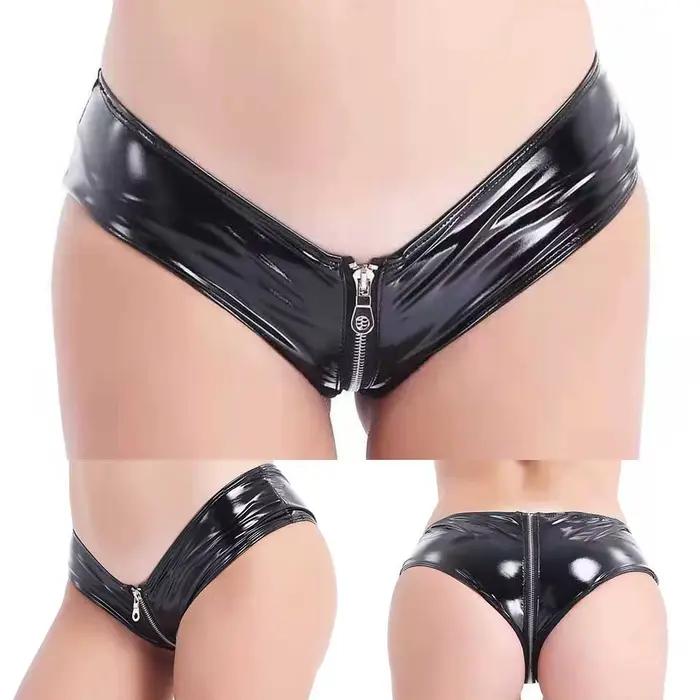 Femmes fermeture éclair entrejambe culottes slips PVC Mini Shorts Look mouillé Bikini taille basse sous-vêtements maigre Clubwear lingeries érotiques
