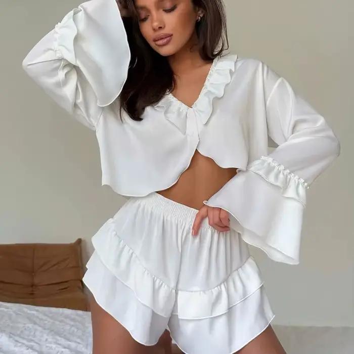 Ensemble de Nuit Décontracté pour Femme : Pyjama à Col en V, Haut Court et Short à Manches Longues pour l'Automne