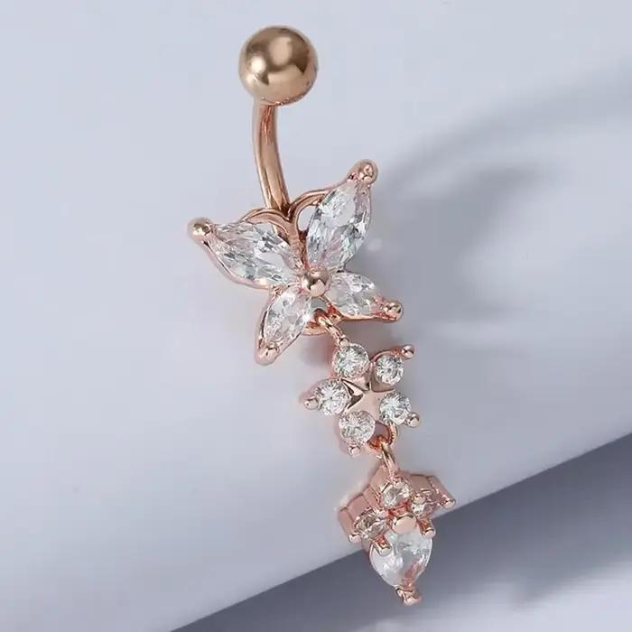 Magnifique Piercing de nombril, bijoux de corps, mode brillant papillon fleur Zircon pendentif en acier inoxydable, anneau de nombril