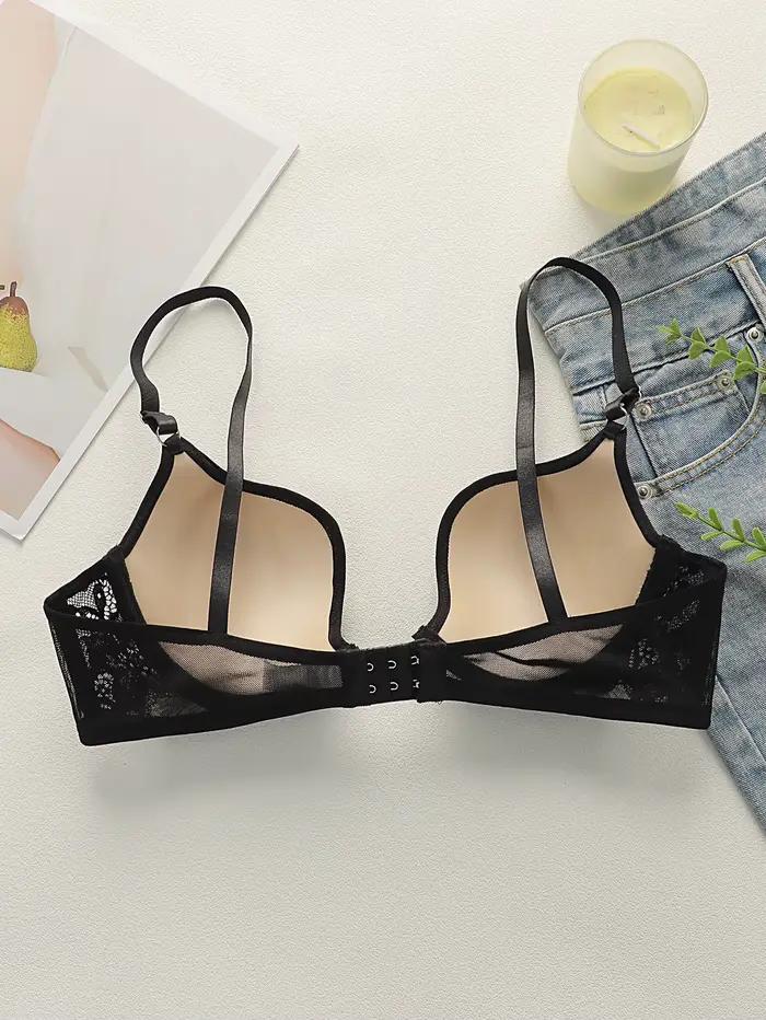 Soutien-gorge en dentelle française transparente à armatures pour femme, décolleté plongeant en V, orné de strass sur le devant, fines bretelles réglables, sexy et transparent, usage quotidien 3576