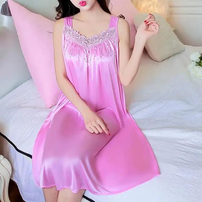Dame pyjamas couleur unie dentelle lisse Patchwork robe de nuit confortable ventiler décontracté mode été femmes robe de nuit nuisette