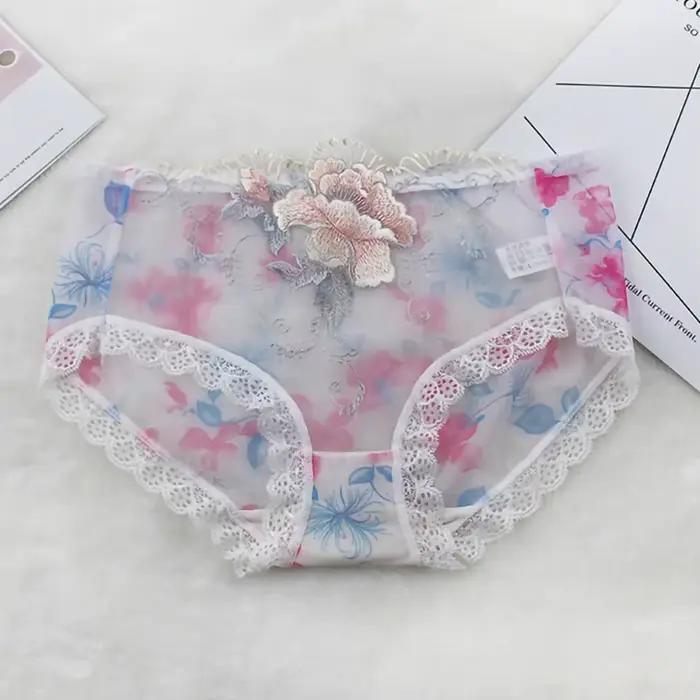 Culotte taille moyenne brodée de fleurs pour femmes, culotte en dentelle transparente commandée, slip sexy pour dames, sous-vêtement, 03/Wear