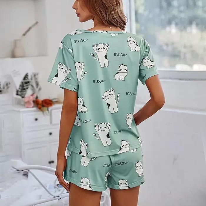 Ensemble pyjama imprimé chat dessin animé pour femme, haut à manches courtes et short, vêtements de nuit doux et confortables, ensembles de pyjama pour la maison, mignon, été