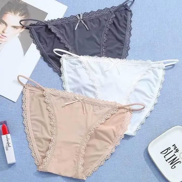 1PC Culotte brésilienne sexy pour femme en soie glacée, avec dentelle, couleur unie, sans couture, taille basse, M-XL