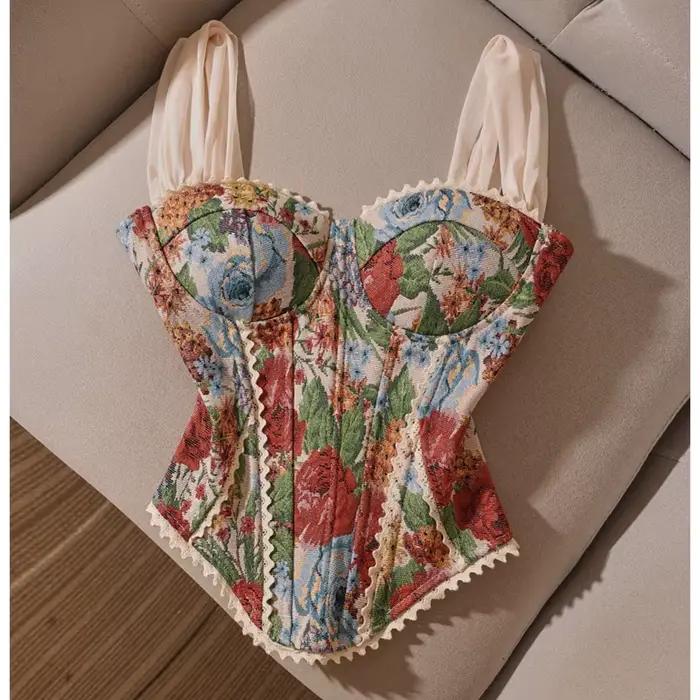 Corset en arête de poisson imprimé Jacquard pour femme, Sexy, épaules nues, Camisole, haut court, col licou, gilet Slim, gilet français d'été
