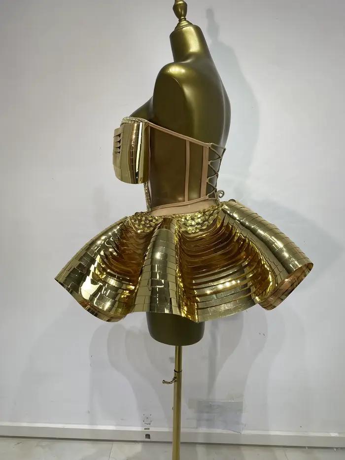 Costumes de danseuse de discothèque, Bustier miroir doré, haut Corset et Mini jupe bouffante, 2 pièces, tenues de soirée Sexy Ses Y2k
